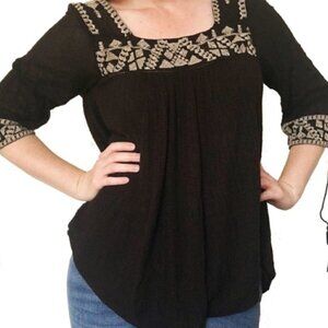 Lucky Brand Black & Tan Peasant Blouse Size Medium